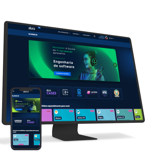 Imagem de computador e celular com a plataforma da Alura+